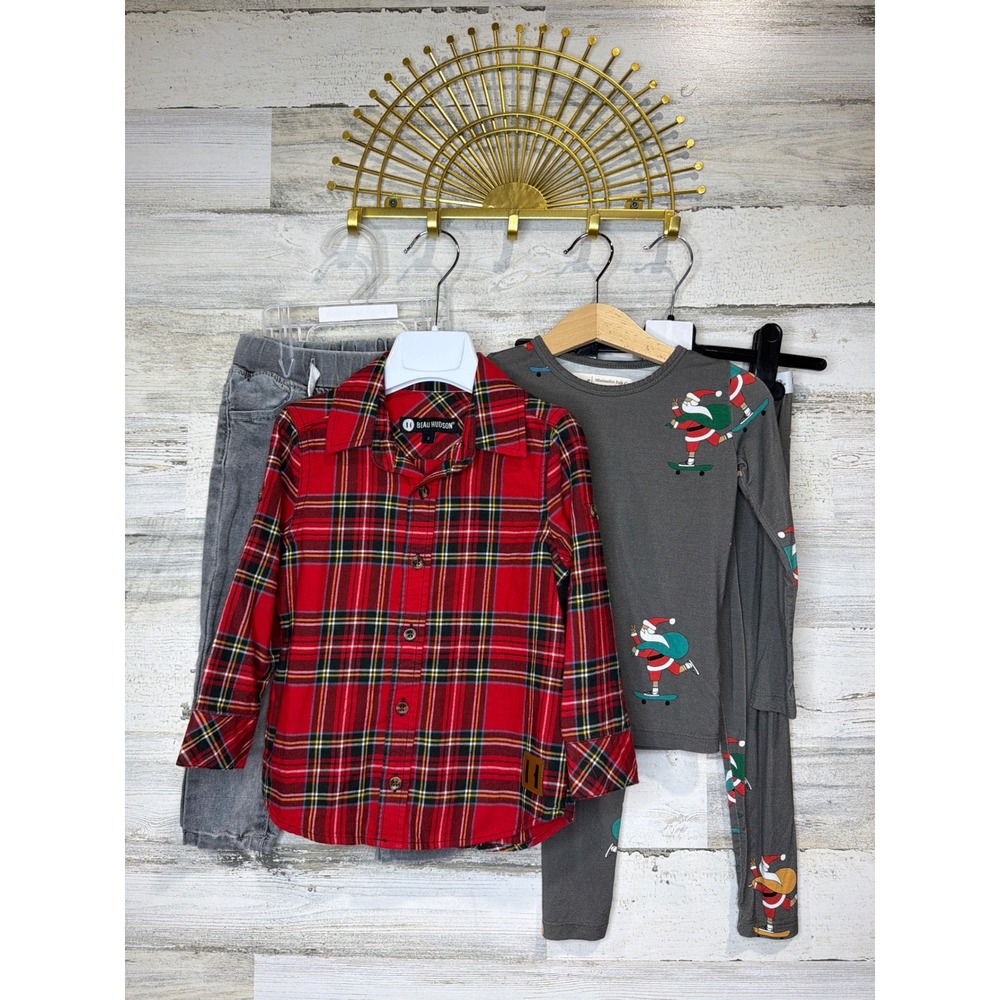Beau Hudson Little Bipsy Boys Size 2 Bundle Red Gray Plaid Bamboo Holiday Pajama